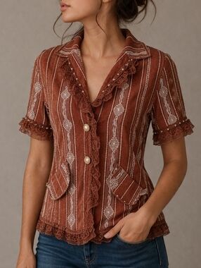 KELLY USA Coquette Castlecore Lace Ribbon Pearl Button Down Short Sleeve Shirt